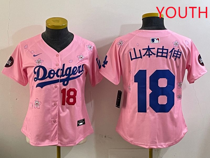 Youth Los Angeles Dodgers #18 Yamamoto Pink Sakura Edition 2025 Nike MLB Jersey style 7->youth mlb jersey->Youth Jersey